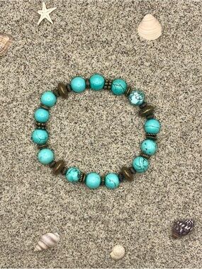 Turquoise Bead Stretch Bracelet with Antique Bronze Accents